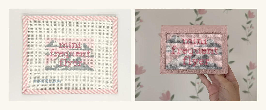Pink Mini Frequent Flyer needlepoint canvas beside the same design stitched and finished in a pink Saffiano leather passport cover