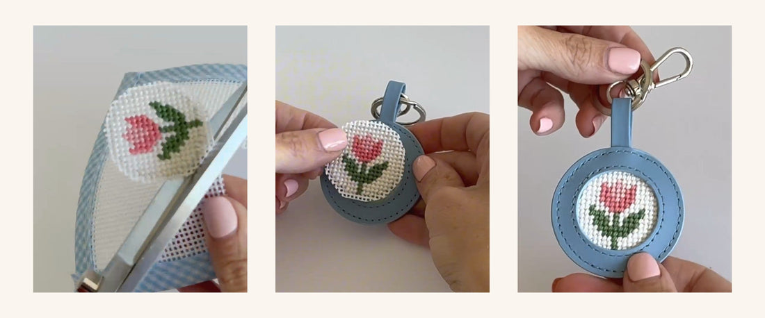 Three steps of finishing a needlepoint tulip keyring: trimming the stitched circle, centring it in a blue keyring, and the finished keyring.