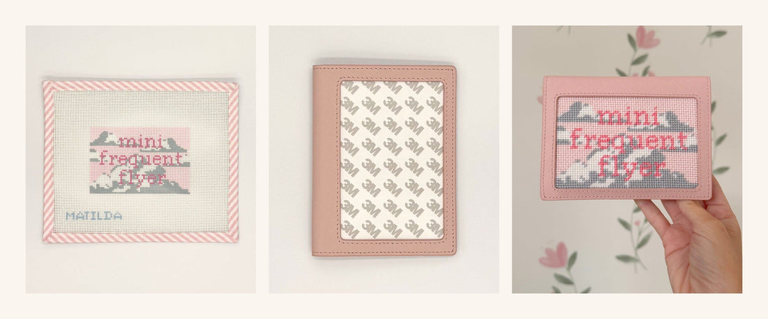 Pink Mini Frequent Flyer needlepoint insert, a pink Saffiano leather self-finishing passport cover, and the stitched insert finished in the cover