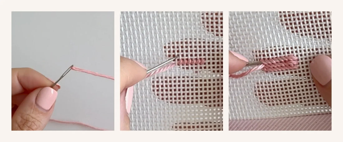 Needlepoint steps: threading a tapestry needle, stitching a first row and finishing the thread