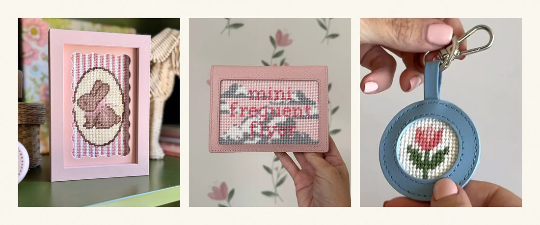 Three finished needlepoint pieces: a bunny in a pink frame, a passport cover and a tulip keyring