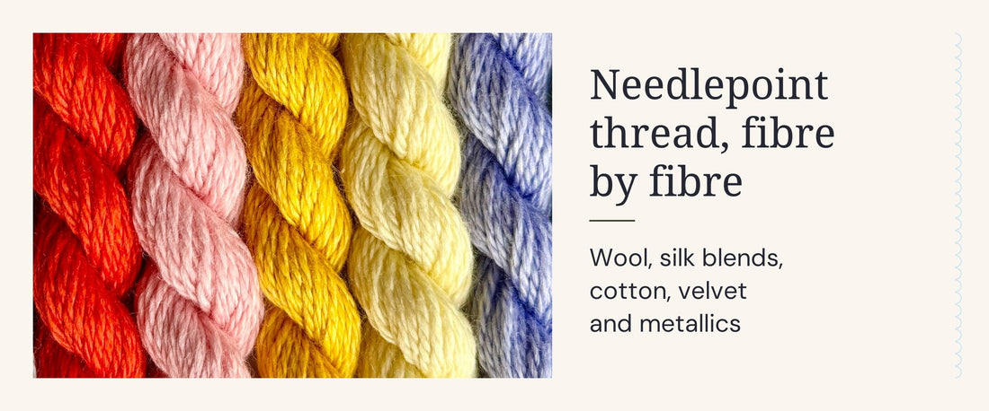 A row of Silk & Ivory thread skeins in red, pink, gold, yellow and lilac beside the words Needlepoint thread, fibre by fibre