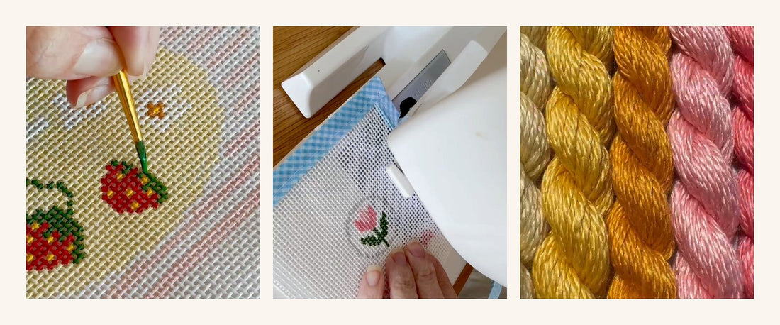 Three steps behind a needlepoint canvas: painting the design by hand, binding the edges and Silk & Ivory thread
