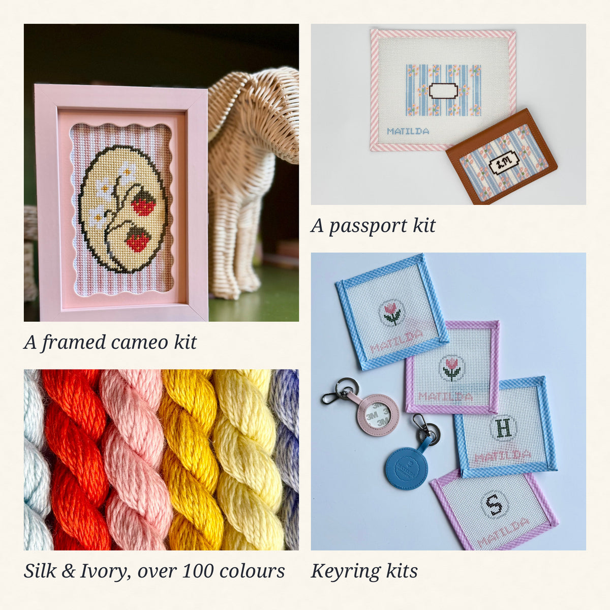 What a Matilda Stitch Co gift card can buy: a framed strawberry cameo needlepoint, Silk & Ivory thread skeins, a passport kit with a monogrammed cover, and keyring kits.
